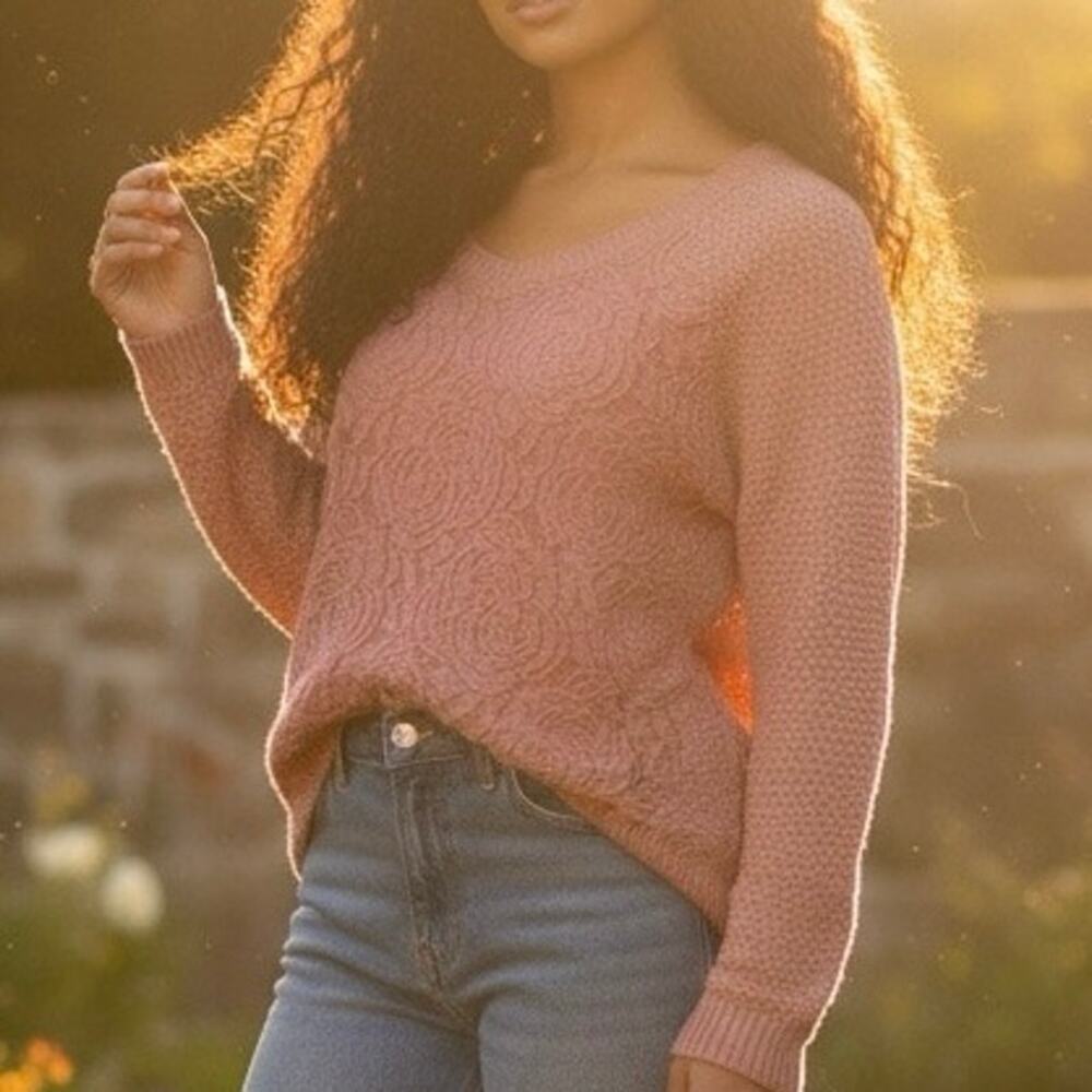 Delia’s Cloud Chaser Raglan Style 3D Rose Pink Scoop Neckline Sweater Sz M